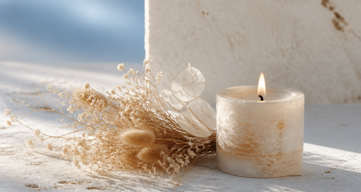 A lit candle with dried flowers on white stone, evoking calm and parasympathetic restoration